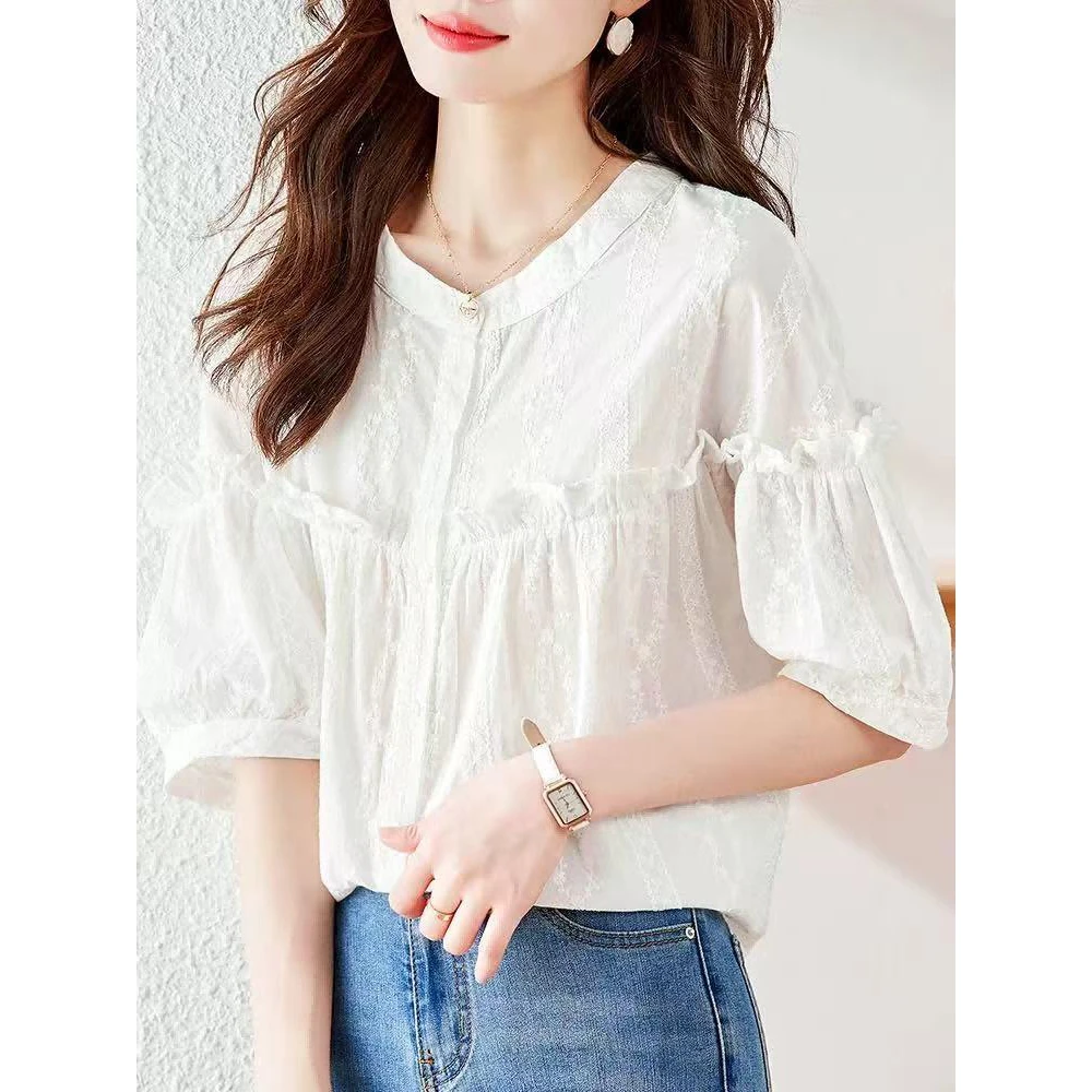 B 门店36&9！白夏衬衫！花卉提花木耳边全棉短袖衬衣上衣女 C21633