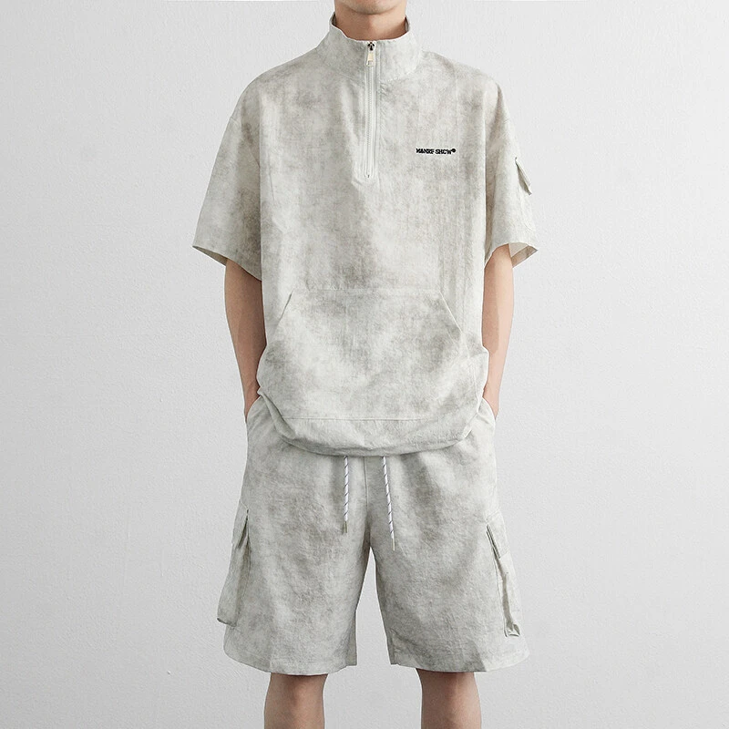 潮牌新款冰丝短袖休闲运动套装男士夏季运动风潮流薄款工装短裤