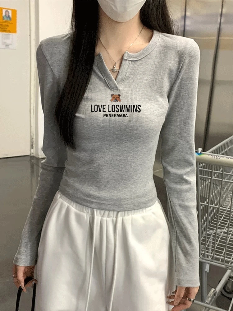 小众上衣显瘦修身韩版气质半开领别致长袖T恤女秋简约设计感百搭