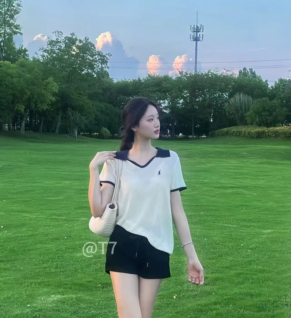 法式POLO刺绣天丝夏季短袖女小马刺绣针织翻领撞色修身显瘦v领