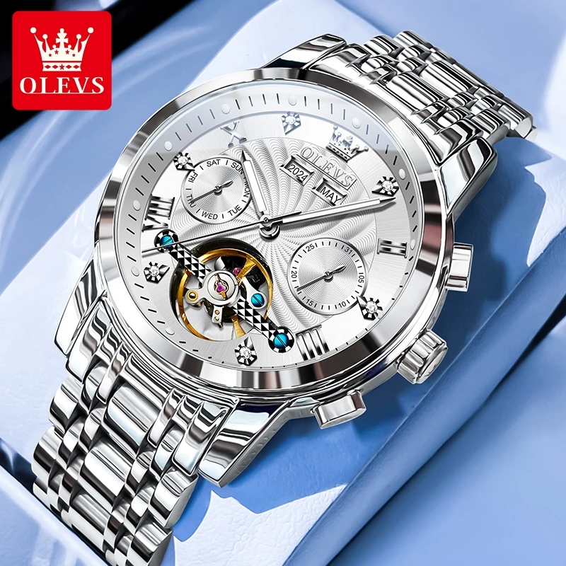 欧利时男士全自动机械表41mm万年历陀飞轮镂空多功能防水手表7088