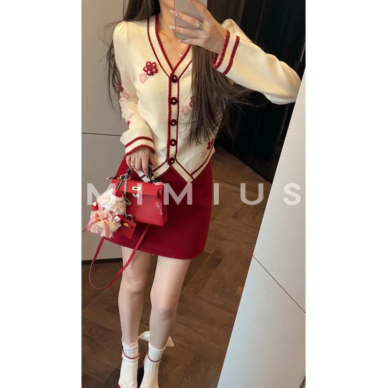 【mimius】喵喵 26早春羊毛撞色小樱花刺绣开衫 WG11132