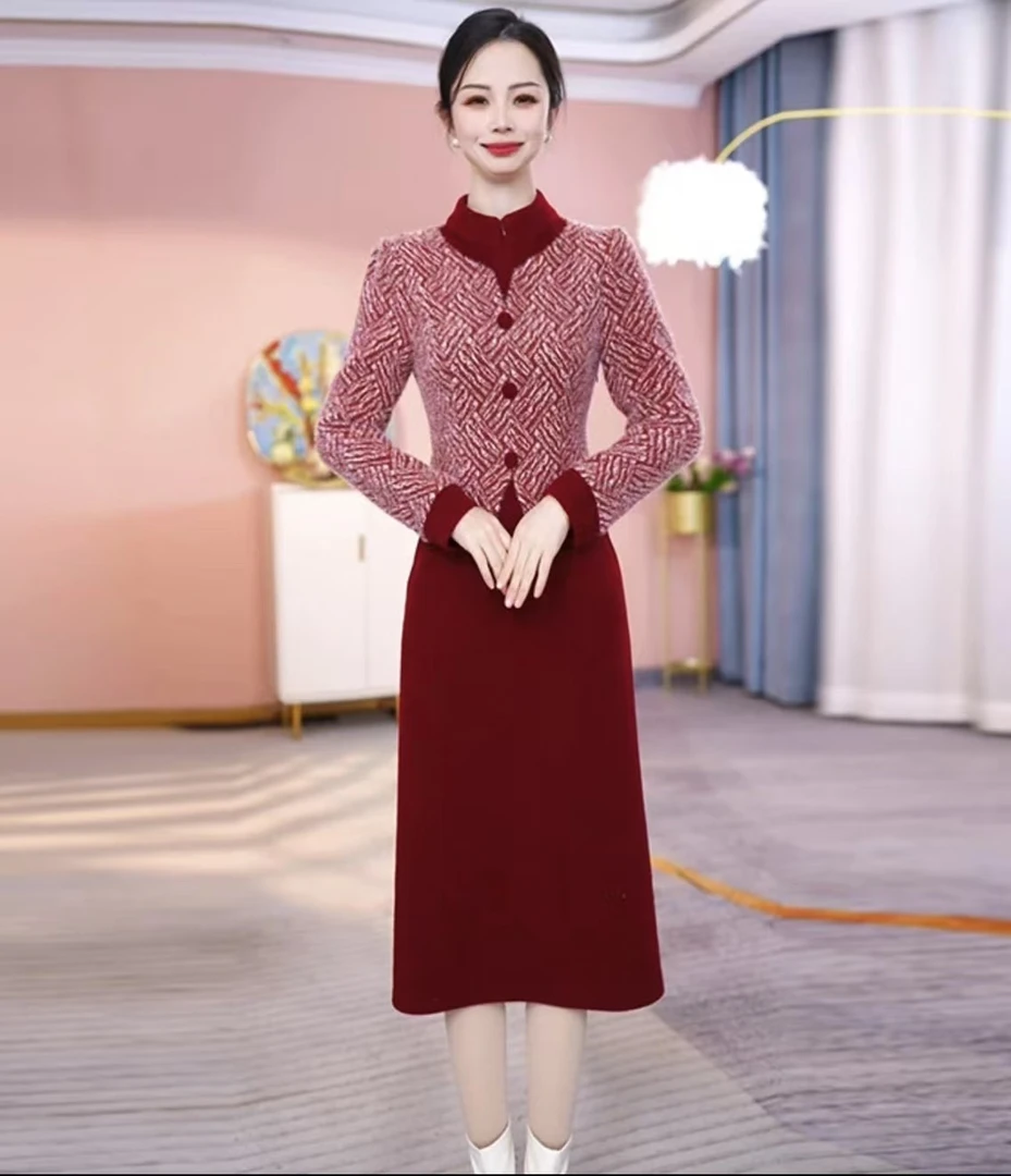 拼接假两件气质优雅2025年时尚洋气修身显瘦中长款A字裙