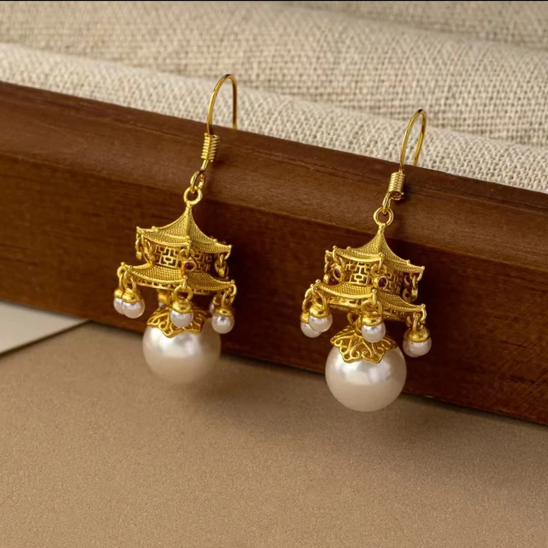 古法铜镀新中式亭子宫灯宫廷风高级感时尚百搭复古古风耳饰