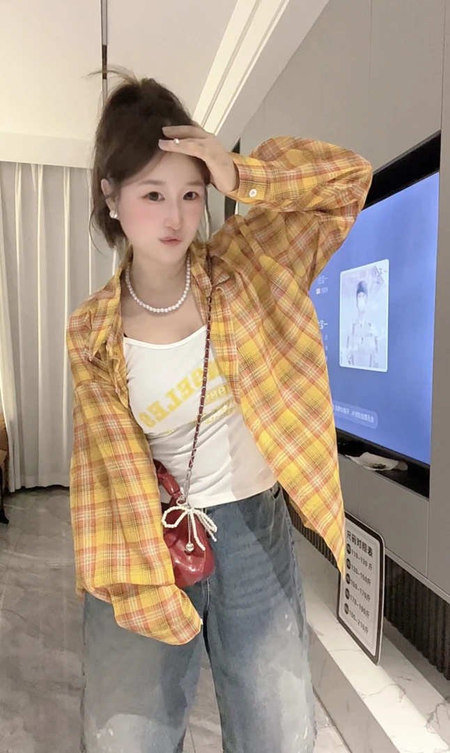 「小吴家」复古宽松黄色格子长袖衬衫2025新款百搭撞色显瘦衬衣外套