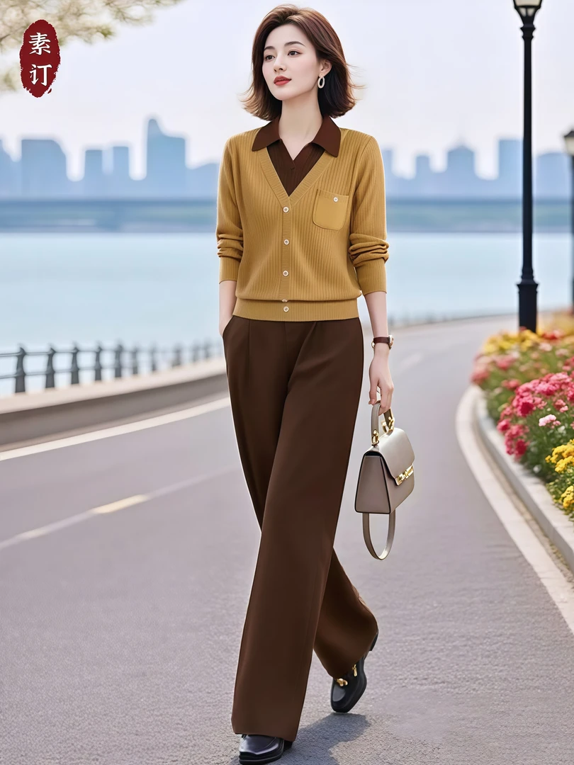 2025新款休闲风时尚减龄阔腿裤早秋季小香风假两件上衣两件套装女