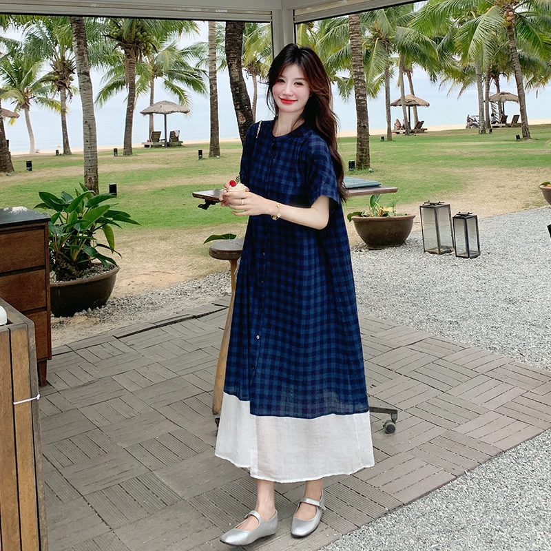 格纹拼接短袖连衣裙女2025夏季新款休闲长裙子百搭时尚气质潮