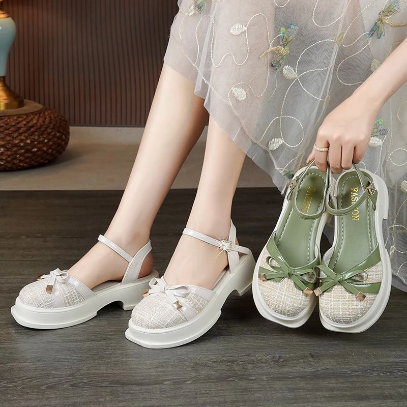 小香风包头凉鞋女学生超仙女平底蝴蝶结妈妈鞋中空外穿厚底凉鞋女