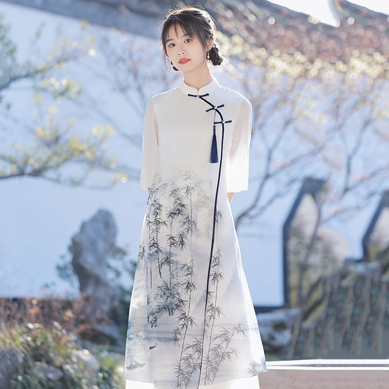 文艺范+中国风墨竹+显瘦奥黛新中式改良旗袍连衣裙夏季D12939