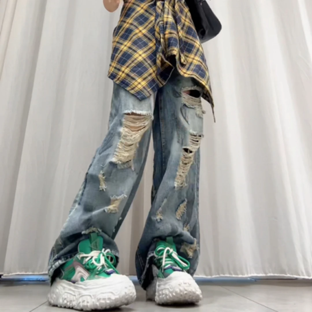 主播同款夏季高腰春季痞帅风牛仔裤印花街头破洞嘻哈