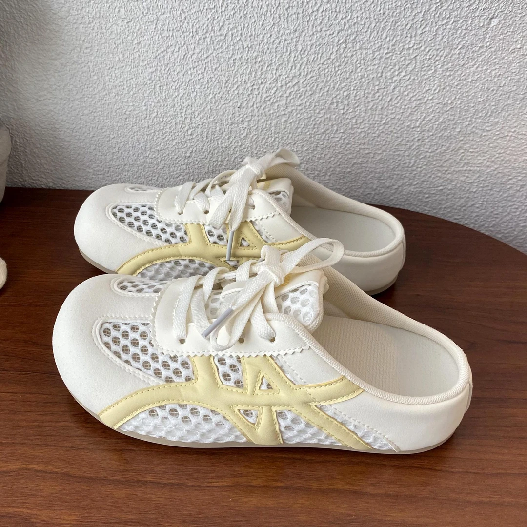 网面平底半拖德训鞋女2025夏季新款透气软底显脚小百搭休闲运动鞋