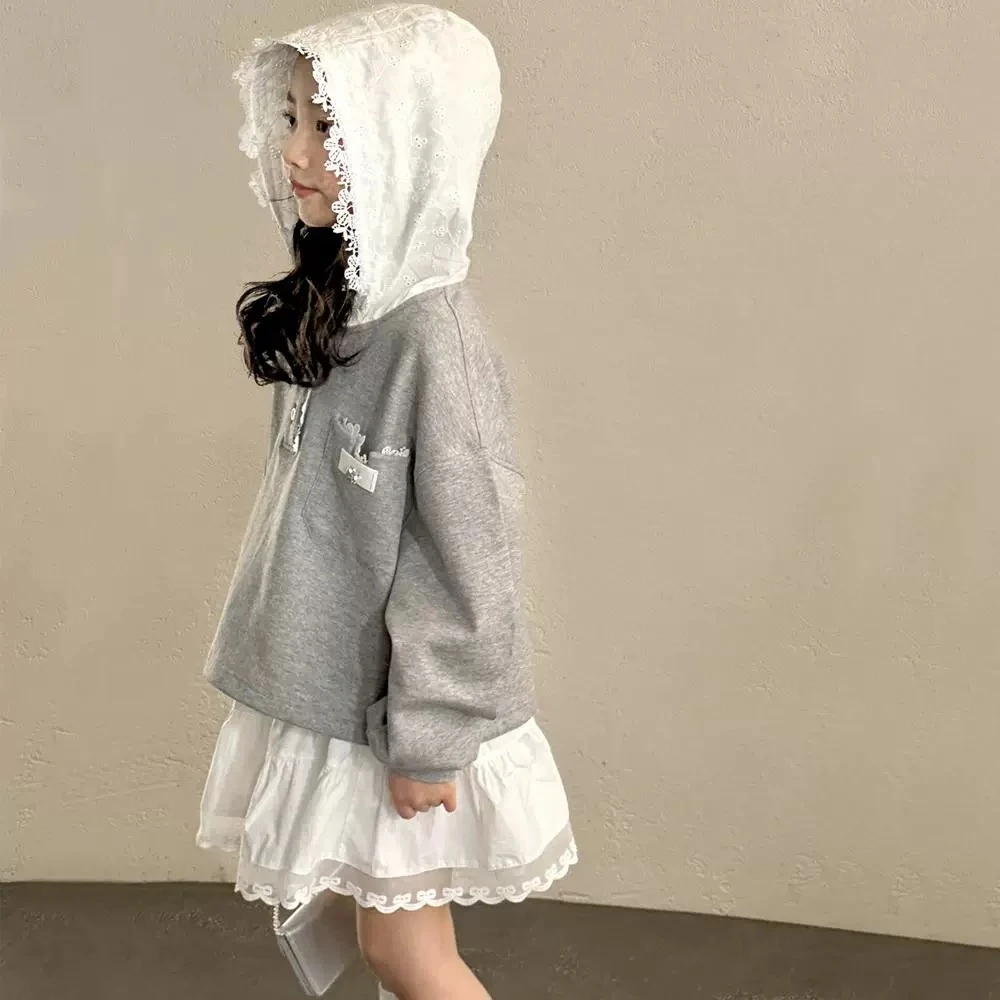 【XA251067】春季新款女童蕾丝连帽卫衣女孩长袖上衣长款韩版百搭