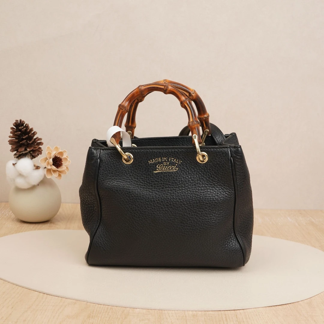 95新 GUCCI/古驰 bambooshopper竹节托特mini黑金牛皮DS032334