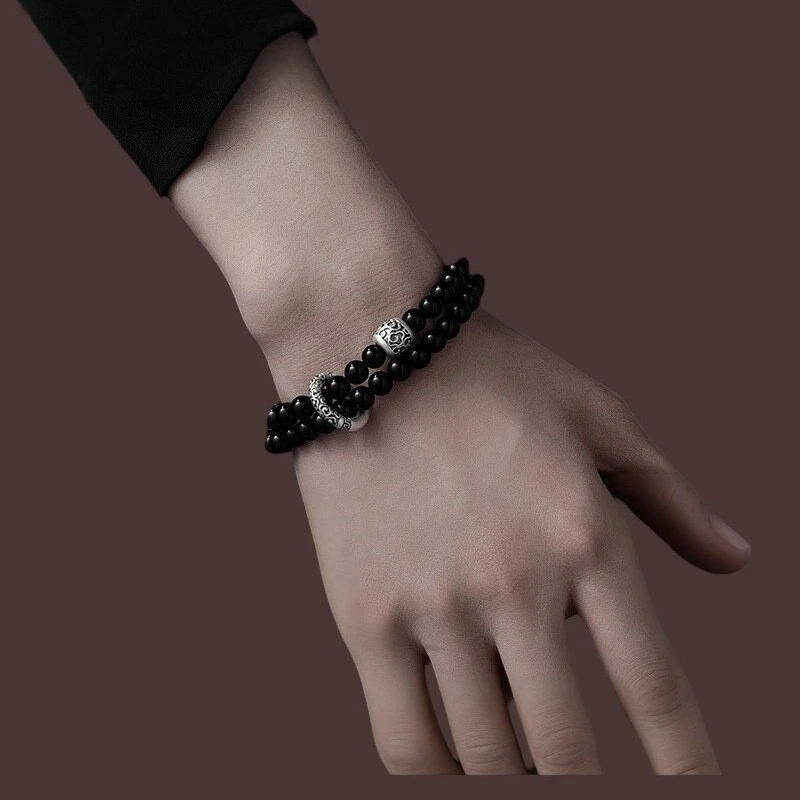 【配国家证书】黑曜石银平安扣手串男女款小众设计双圈叠戴手链
