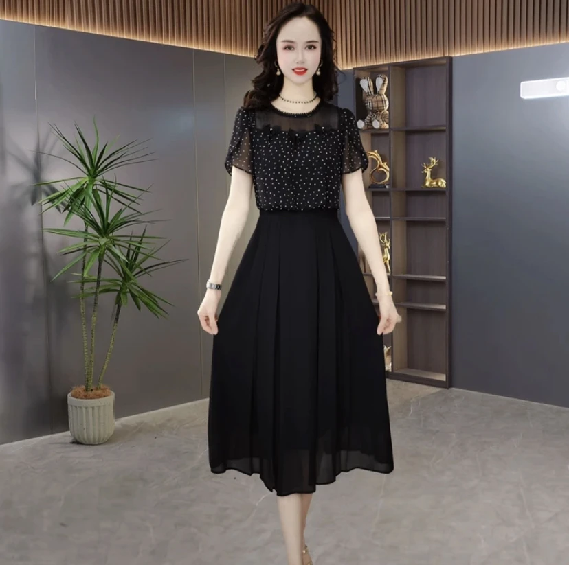 启慕女装连衣裙2025夏季新款时尚洋气波点收腰显瘦短袖中长款裙子