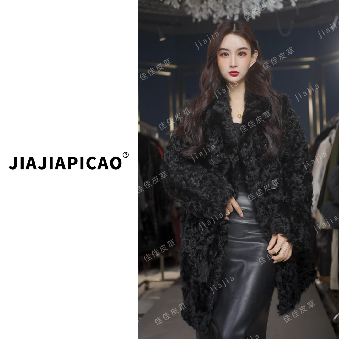 【西装领】25003 皮草 中长款羊皮毛黑色卷卷毛皮草外套