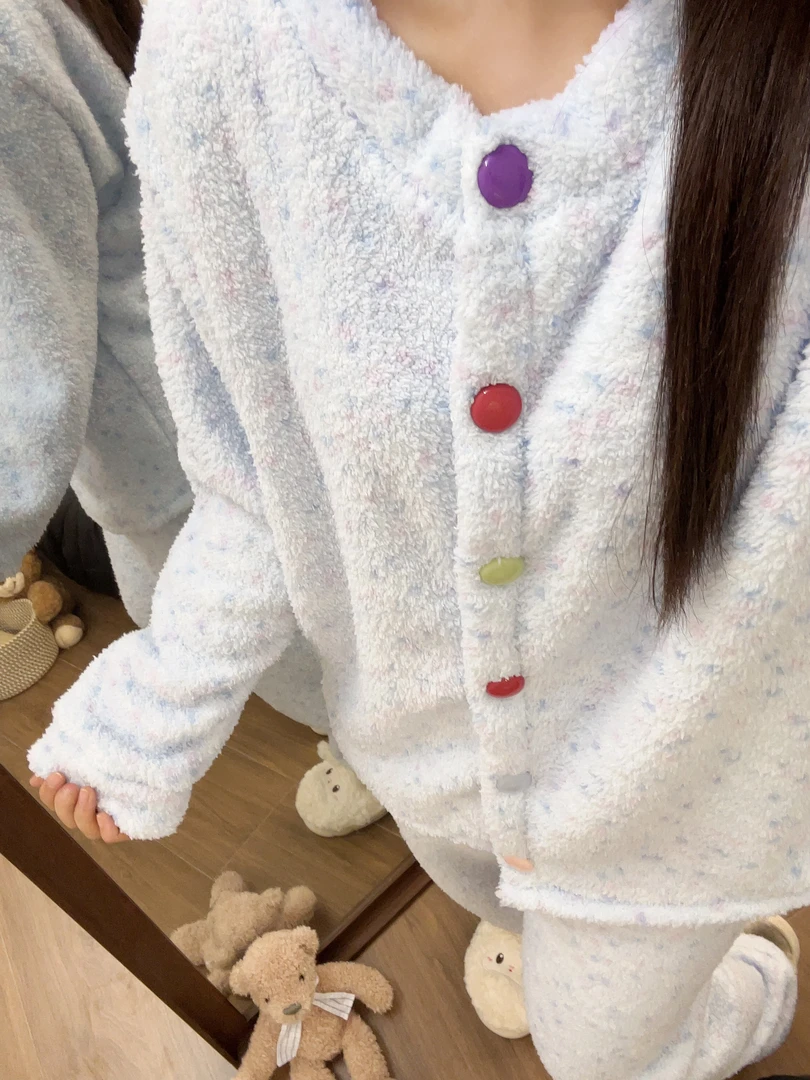 韩风甜美秋冬季珊瑚绒睡衣baby蓝彩扣保暖学生女孩宅家家居服套装