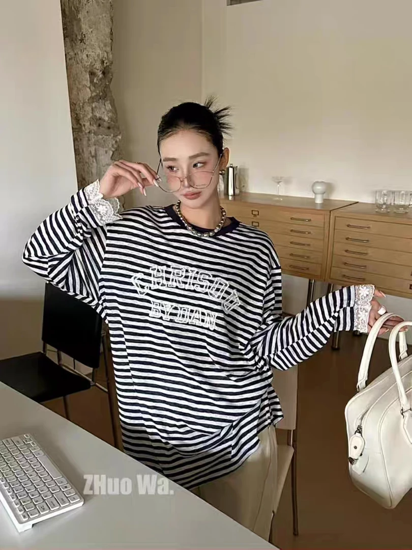 （郭小姐定制）大码蕾丝条纹字母衫