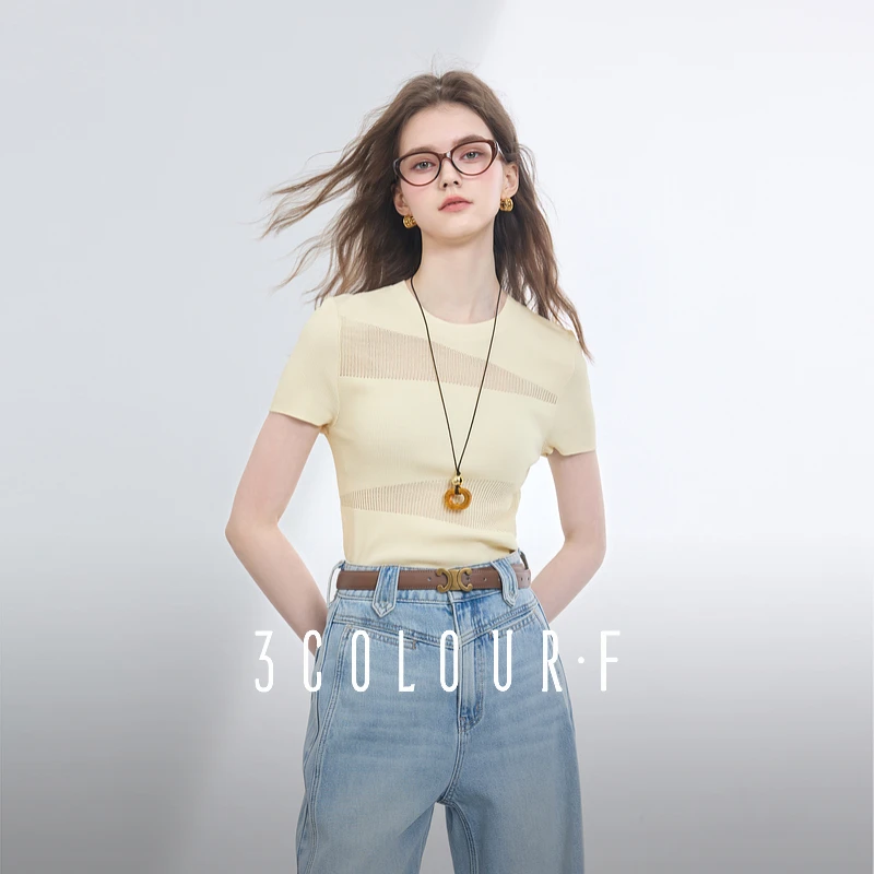 【抗起球】三彩独醒2025夏季新款针织衫正肩短袖上衣修身短款女F