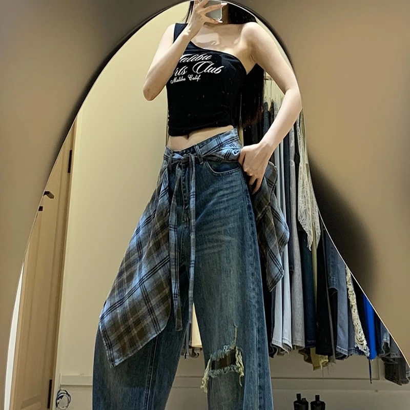 格子屁帘女搭配牛仔裤叠穿神器一片式系带神器半身裙下摆高腰显瘦
