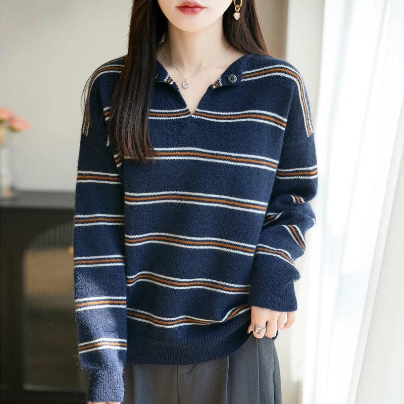 哥弟阿玛施正品秋冬新款韩系慵懒风针织衫宽松时尚软糯条纹毛衣女