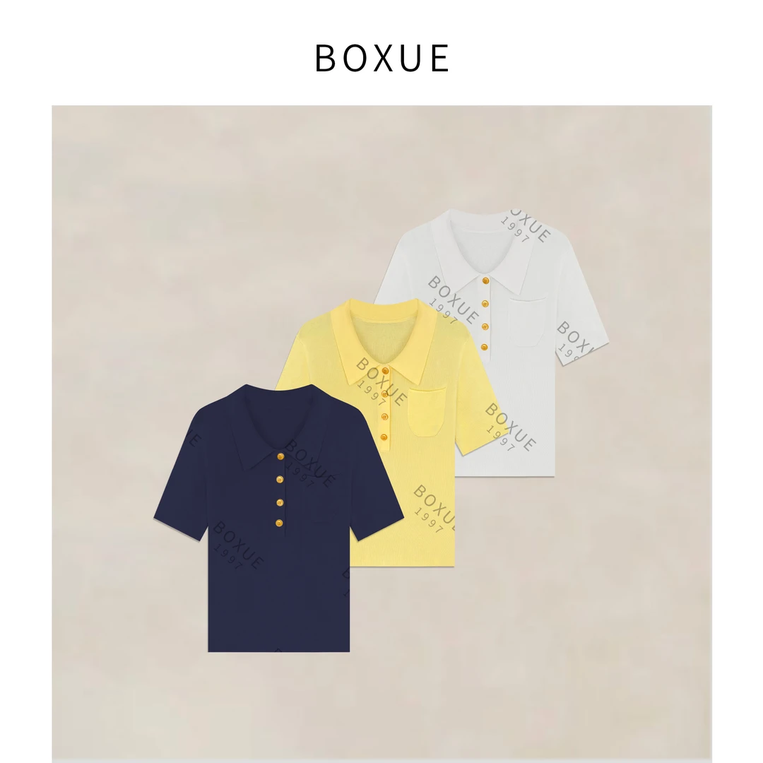 BOXUE”浪漫序曲”2025春季高级感单排扣天.丝轻奢T恤#250404T1542