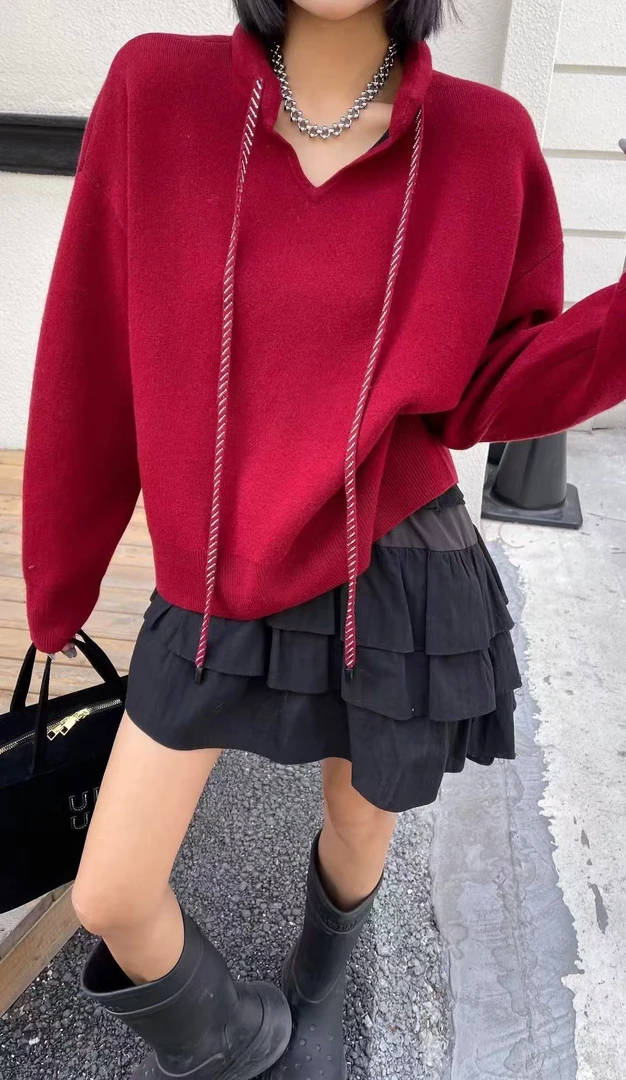 6611【臻炫女装】轻奢新款纯色V领抽绳气质百搭上衣红色休闲时尚
