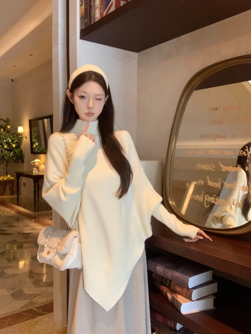 慵懒风松弛感半高领不规则套头针织衫宽松蝙蝠袖毛衣上衣女#9808
