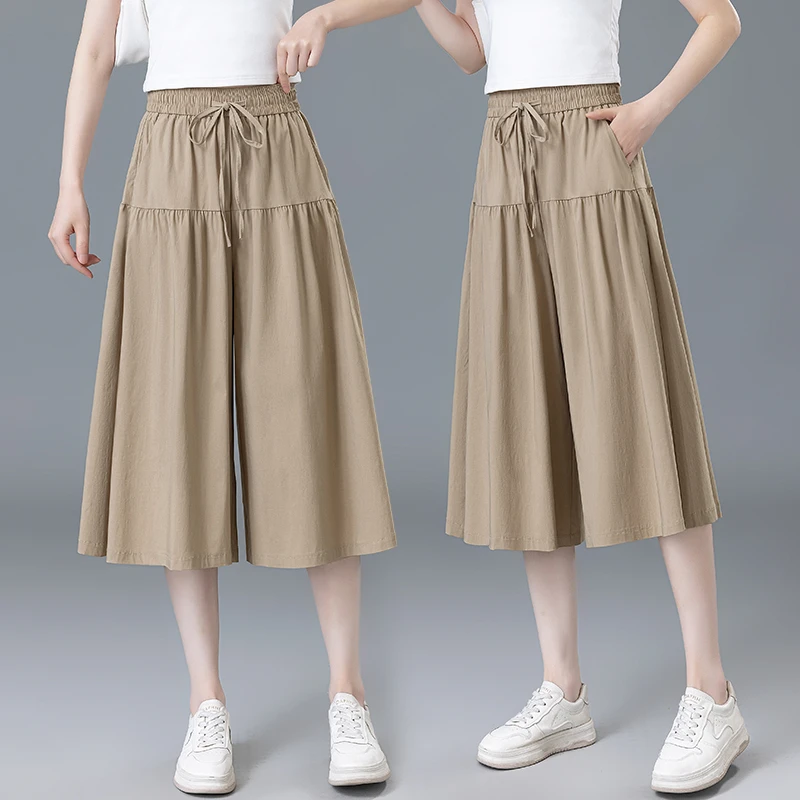 2025款冰丝松紧腰设计感女士休闲大码高腰中长款垂感宽松阔腿裙裤