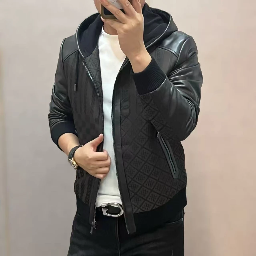 新款高端男士时尚轻奢菱格纹针织拼皮连帽夹克外套777022