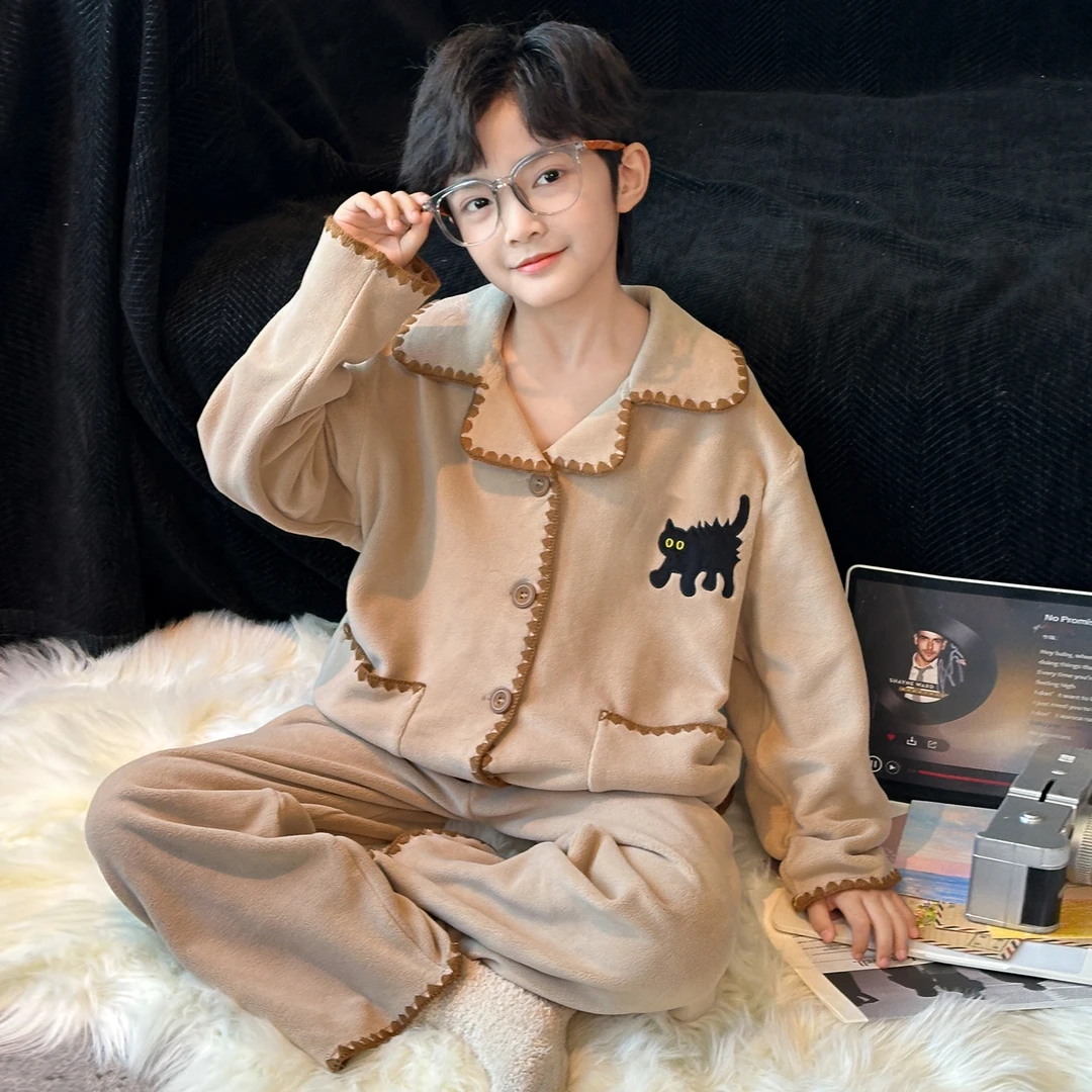 儿童装男童睡衣秋冬款冬季加厚加绒男孩珊瑚绒中大童法兰绒家居服