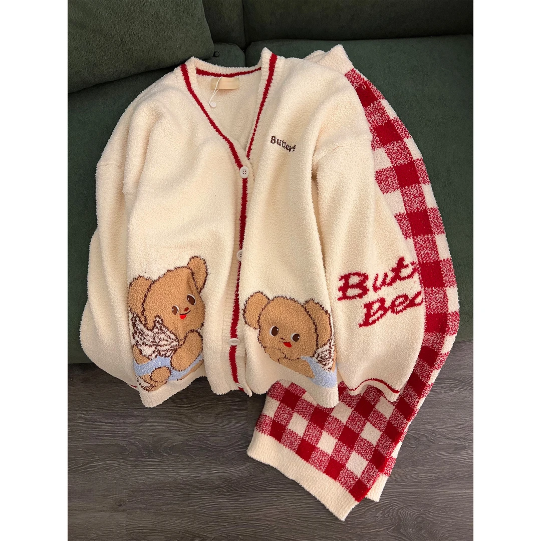 韩版卡通小熊针织半边绒睡衣女秋冬新款加厚保暖家居服套装可外穿