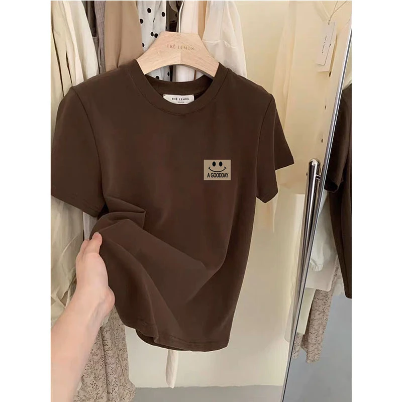 小众设计感正肩磨毛短袖t恤女高档百搭咖啡色上衣打底衫内搭秋冬