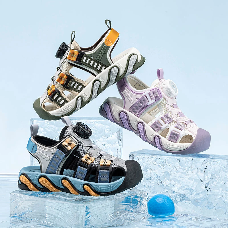 哈比熊童鞋夏款男童旋钮扣镂空透气运动凉鞋儿童软底防滑沙滩鞋