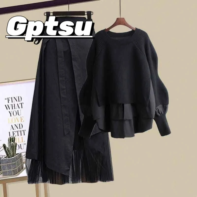GPTSu微胖装裙时尚设计感卫衣洋气遮肉毛衣显瘦半身裙套装裙秋装