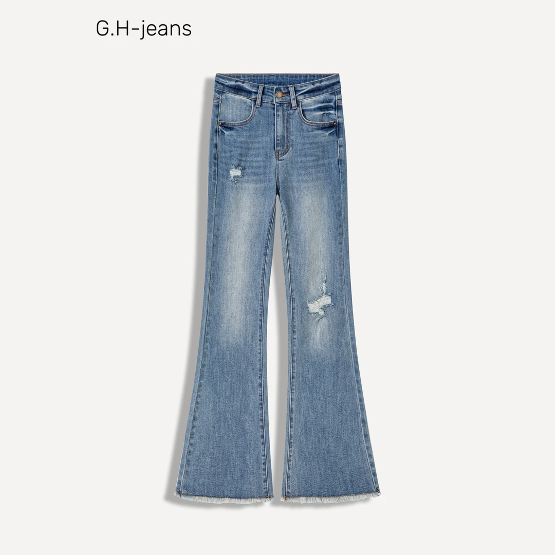 【G.H】怀旧蓝-夏季新款大牌破洞毛边设计弹力显瘦高腰微喇牛仔裤女