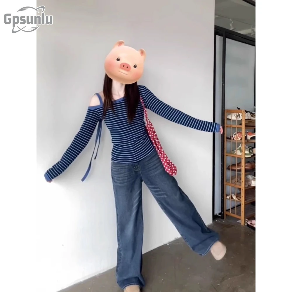 gpsunlu韩式斜肩长袖秋季女士恤修身条纹韩式修身春秋长袖t恤