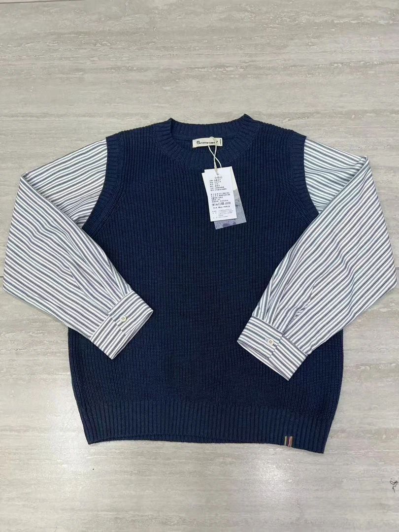 秋季新款女士圆领拼接假两件上衣1115