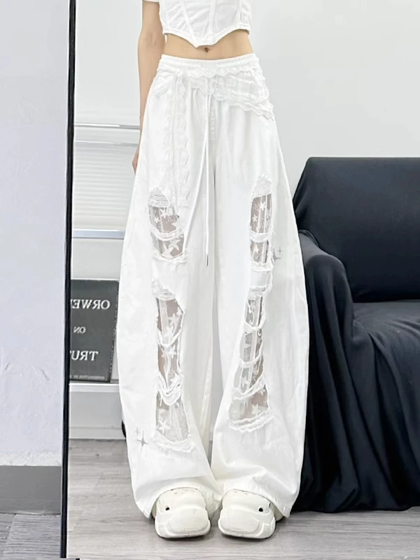 2025新款白色蕾丝拼接破洞牛仔裤女高腰宽松直筒跳舞阔腿休闲裤子