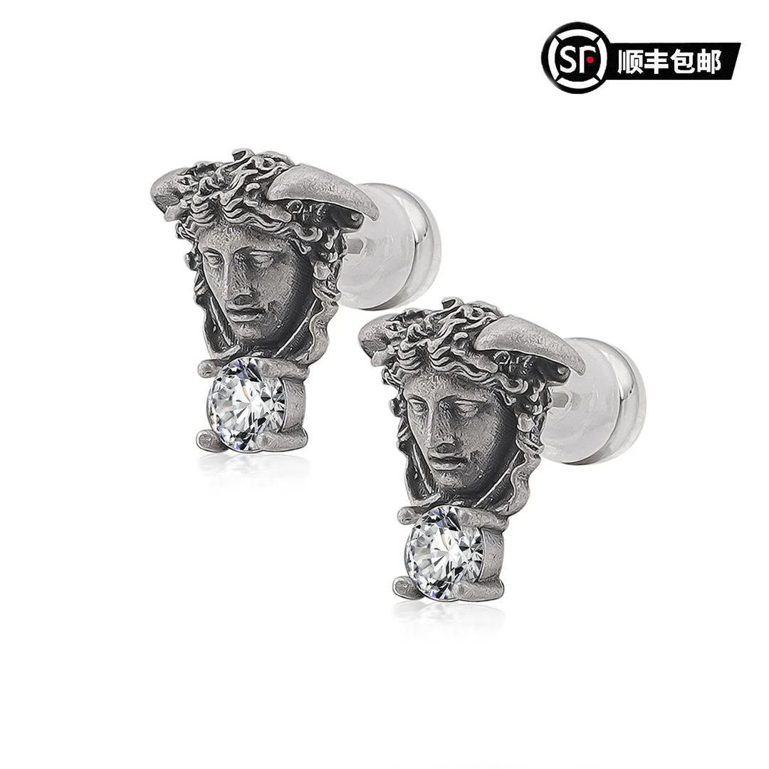 925银莫桑石耳饰 925银美杜莎蛇首人面耳钉
