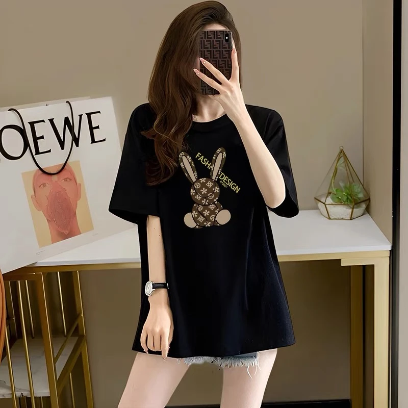 网红ins潮中长款遮肚子显瘦印花宽松纯棉短袖t恤女潮牌洋气上衣服