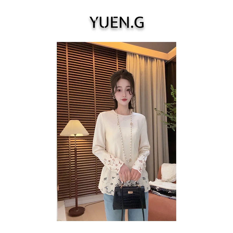 YUEN.G 25新品首发镂空刺绣花边显瘦醋酸纤维衬衫