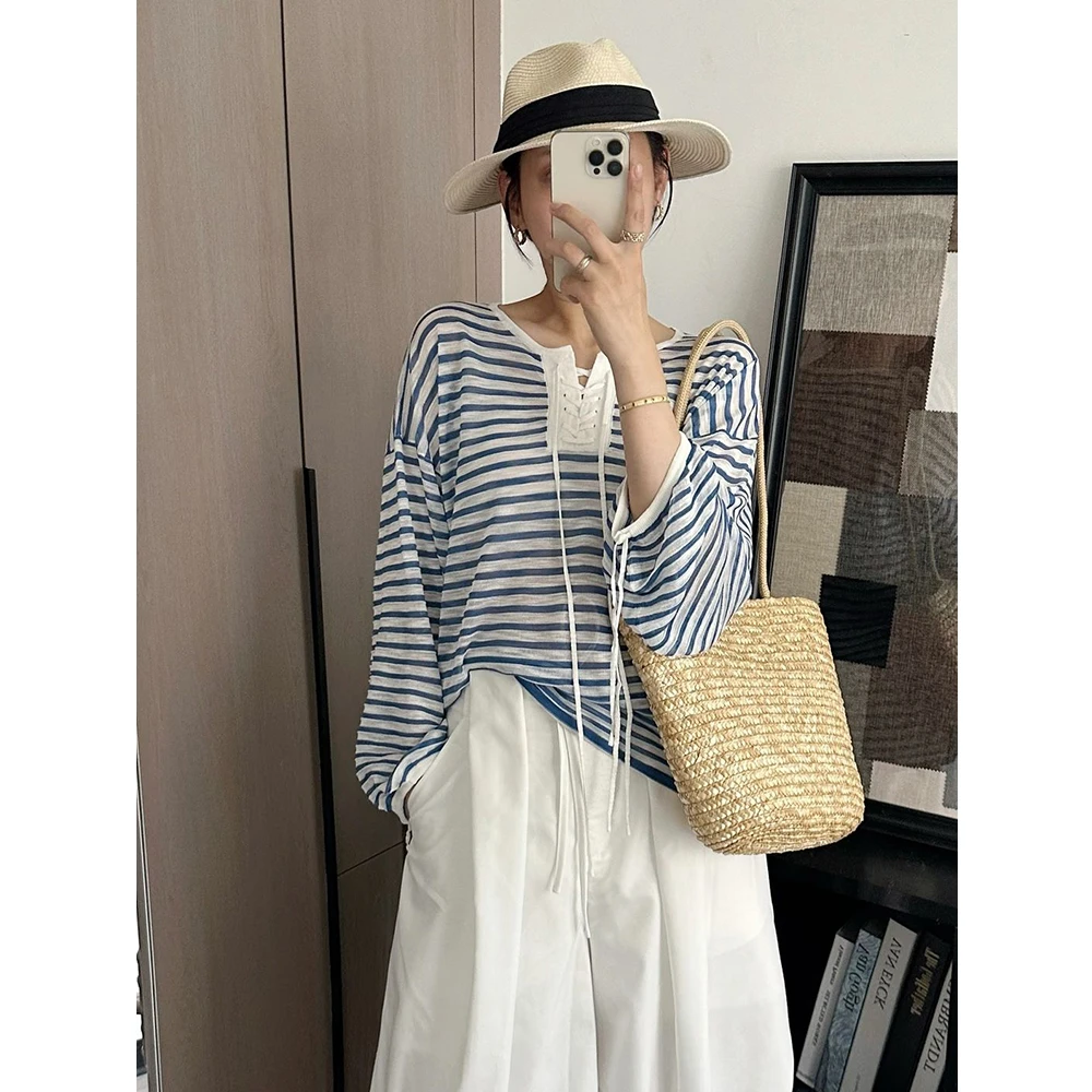韩系慵懒感度假法式条纹防晒罩衫长袖T恤女夏季轻薄透气显瘦上衣