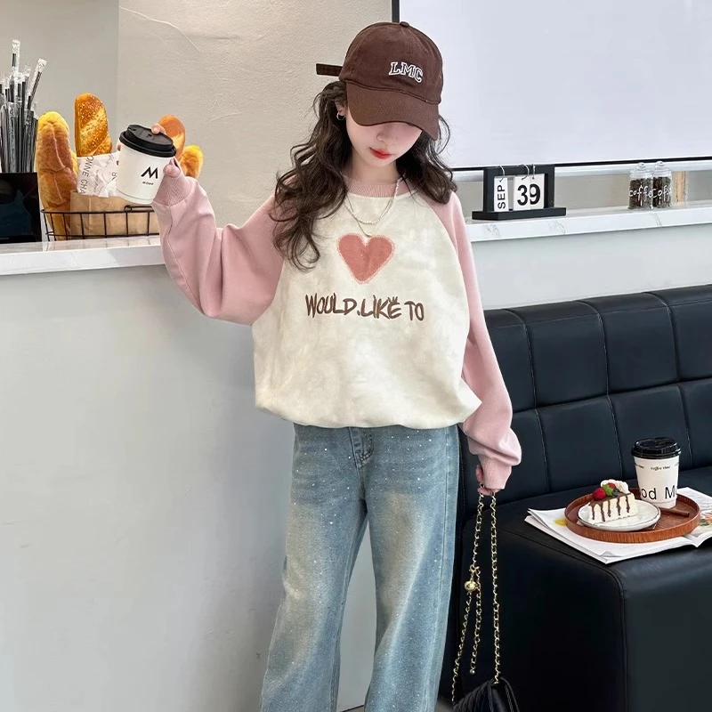 女童卫衣春秋款2025新款洋气女大童宽松圆领韩范上衣儿童打底衣服