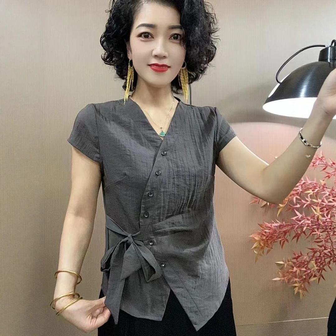 夏款V领修身显瘦纯色女百搭短袖上衣时尚洋气侧边系带设计感小衫