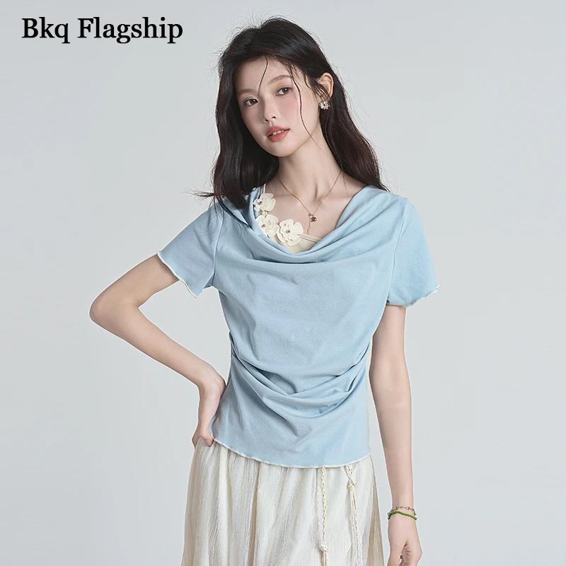 假两件短袖T恤女2025夏季新款设计褶皱拼接花边修身显瘦收腰上衣