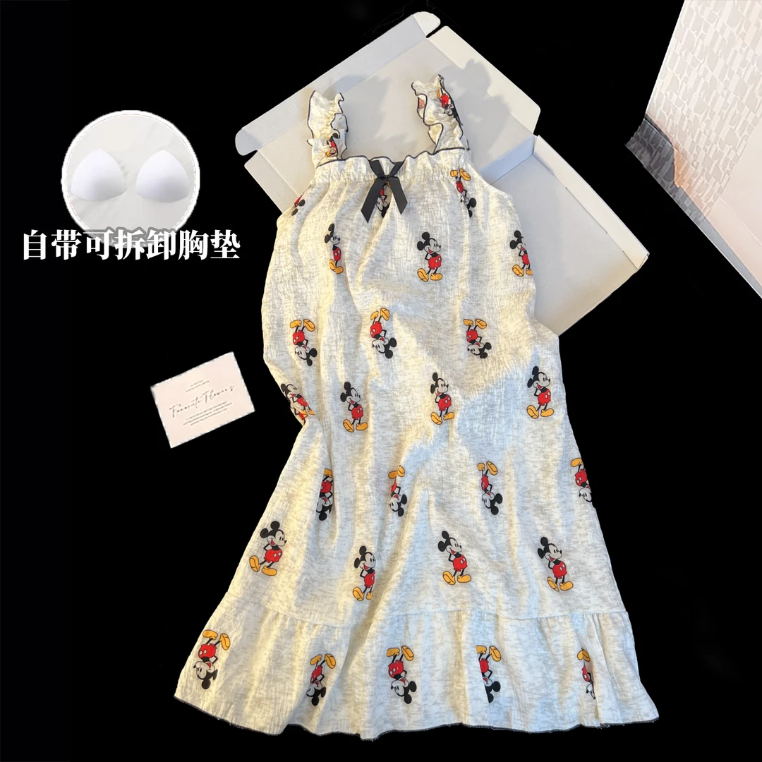 夏季女自带胸垫睡裙可外穿甜美女学生时尚夏天卡通动漫无袖睡衣