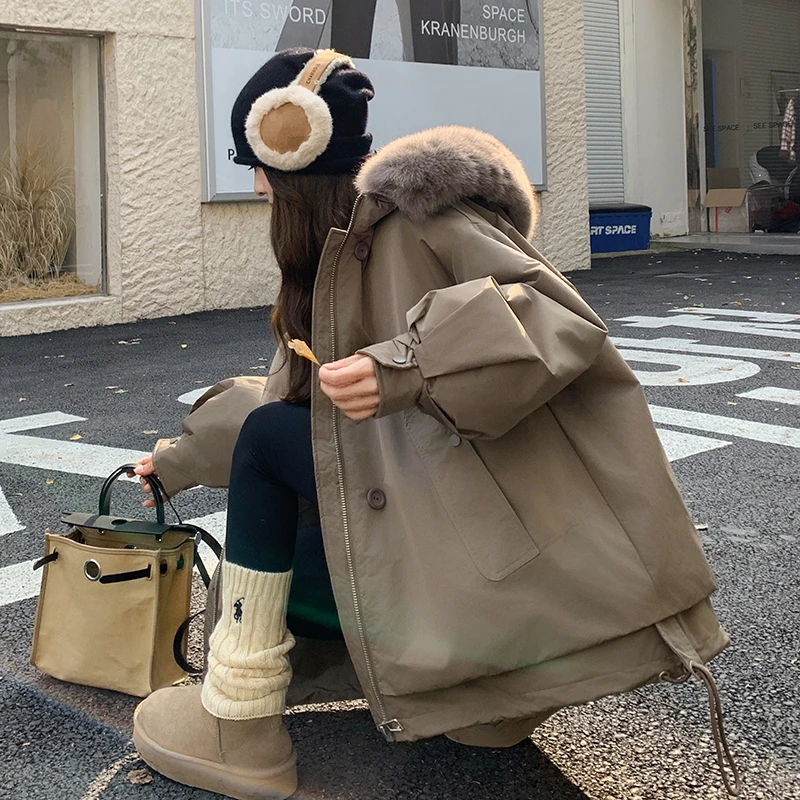 女纯色直筒型女款大码加绒派克服大衣大码冬季ins短款百搭连帽