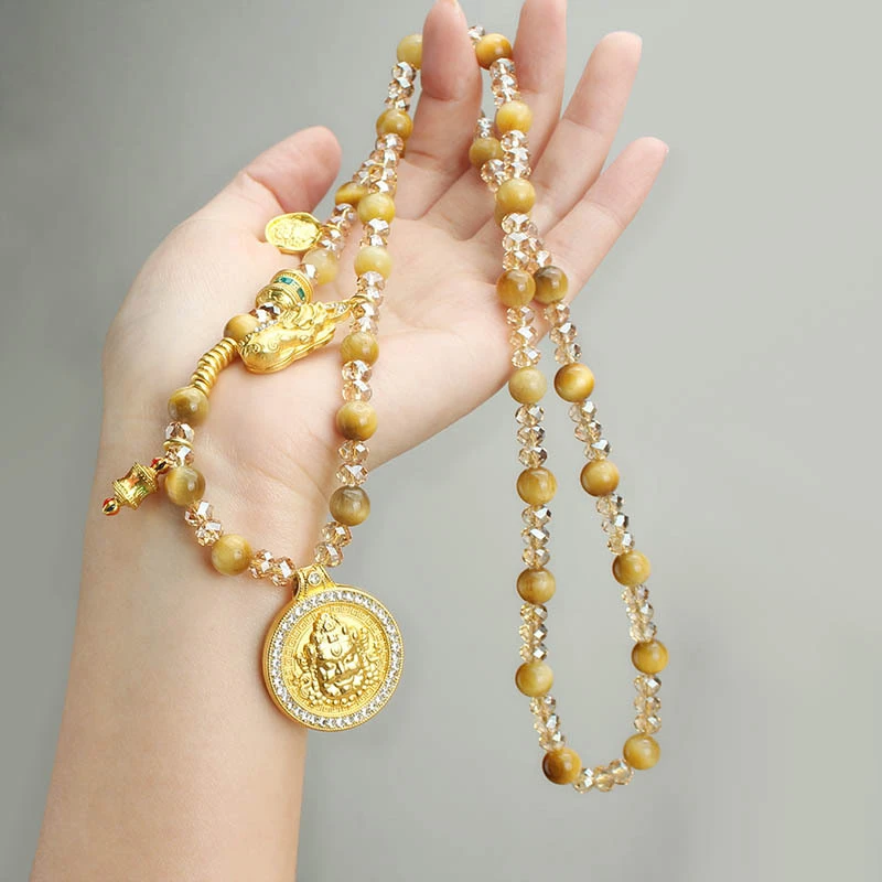 合金仿水晶项链 复古金虎眼石项链轻奢气质小众五路财神貔貅挂链