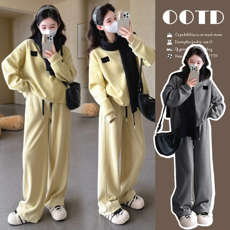 时尚孕妇秋冬韩系刺绣加绒加厚卫衣带围巾+猪鼻扣卫裤3件套装